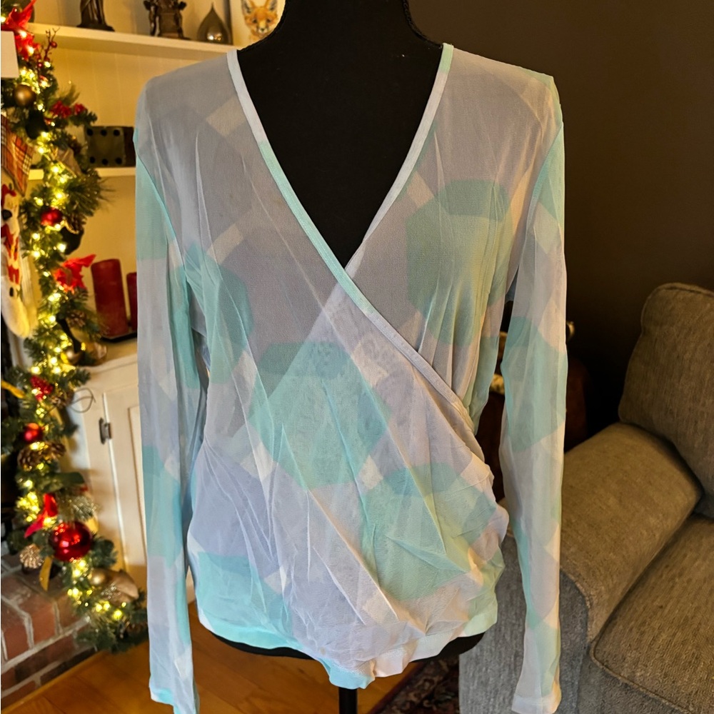 New York & Company Sheer Wrap Top - Blue, Purple and White size L